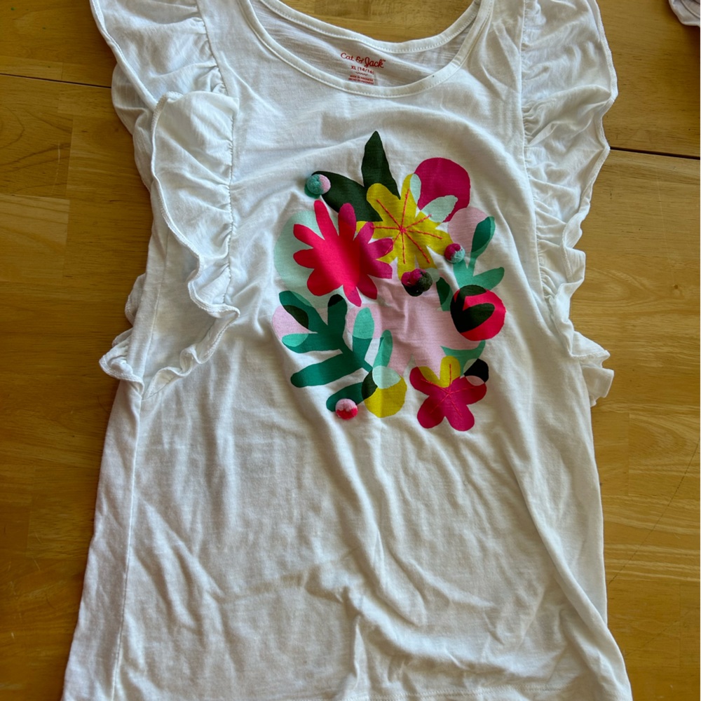 Cat & Jack white tank top with colorful Pom poms